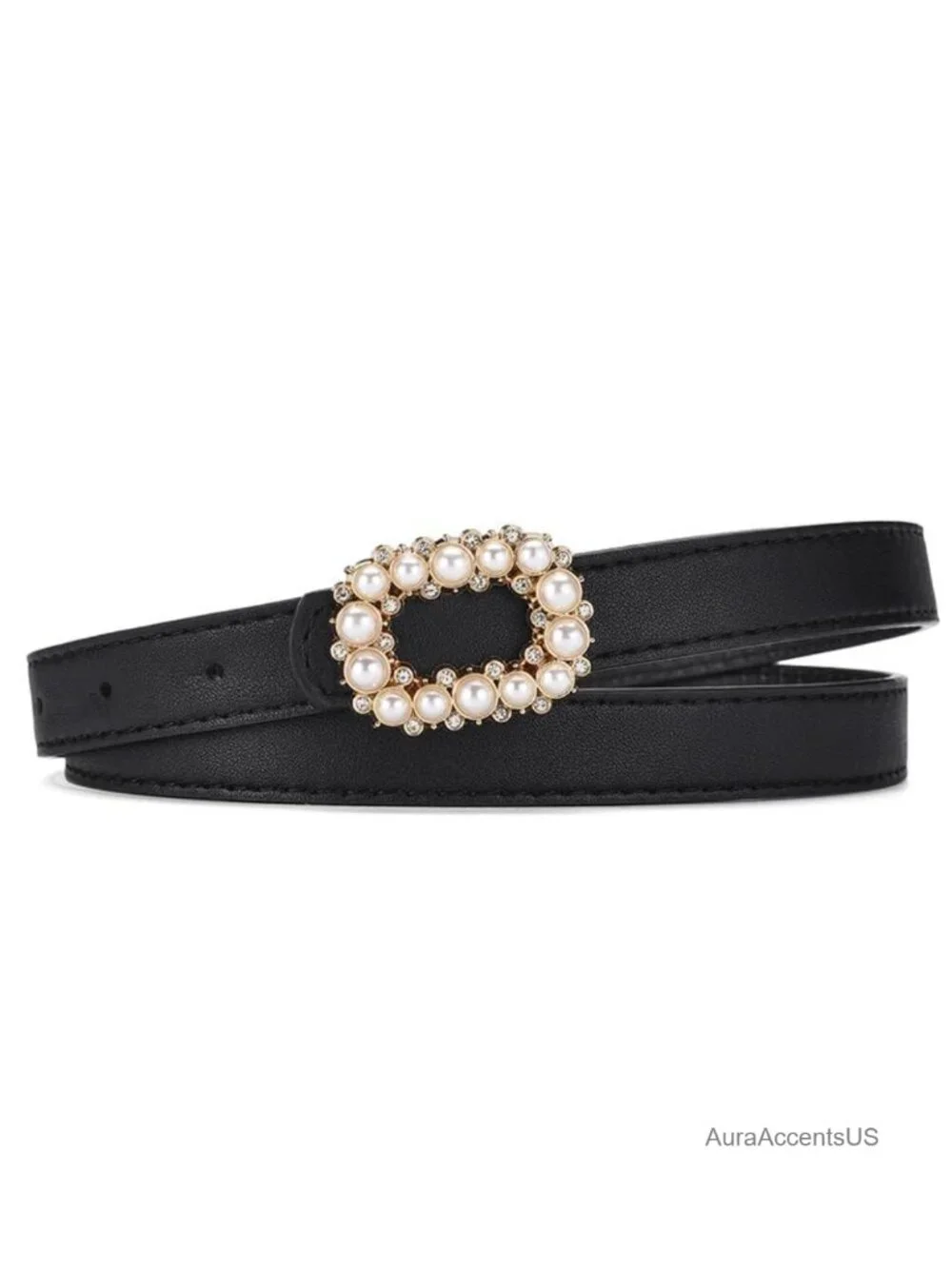 Pearl Rhinestone Rectangle Buckle Skinny Faux Leather Belt